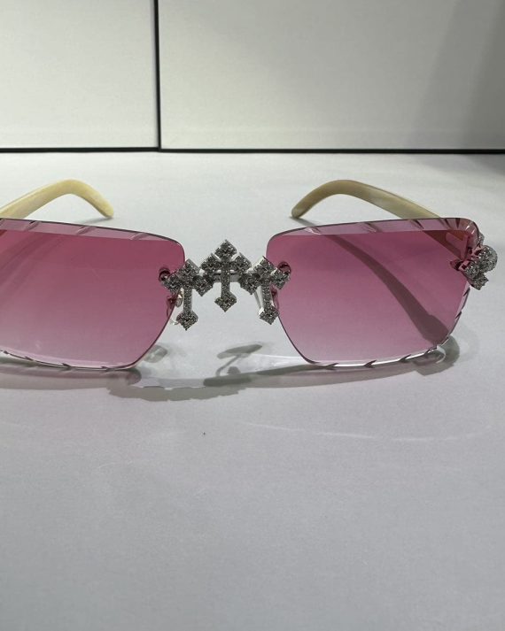 VVS Moissanite luxury icedout glasses White gold cross pink lenses